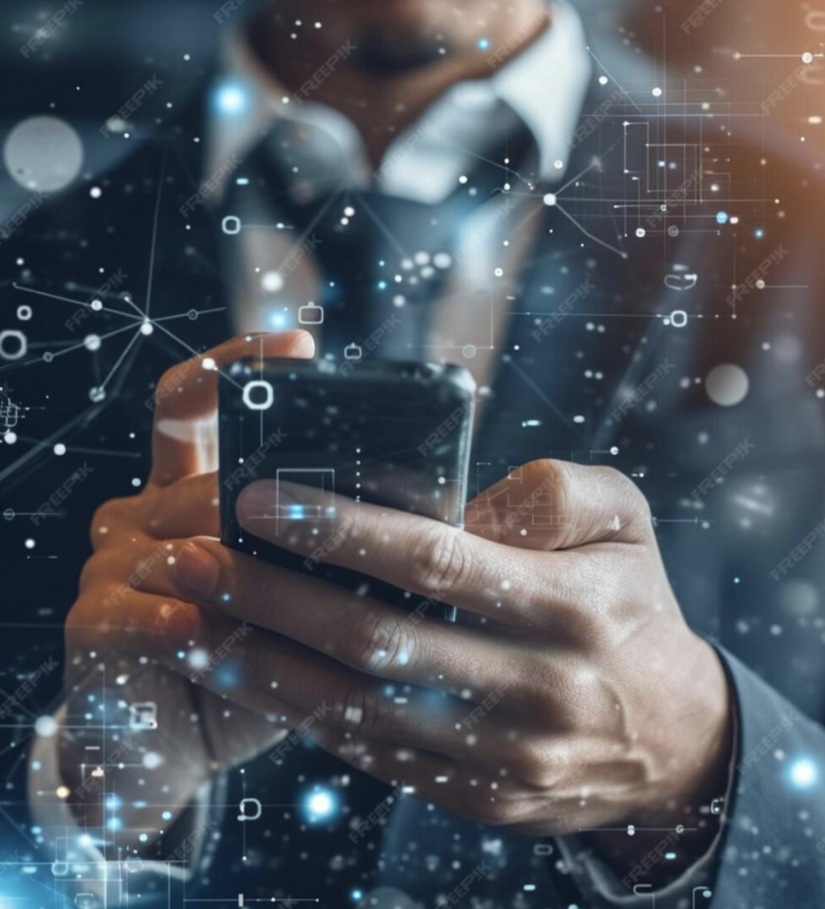 Person on his cellphone, with a double exposure of dots