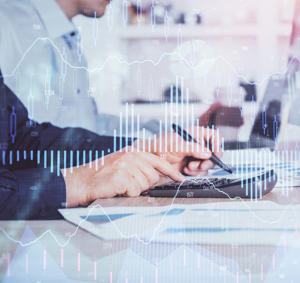 Forex graph with businessman working on computer in office on background. Concept of hardworking. Closeup. Multi exposure.